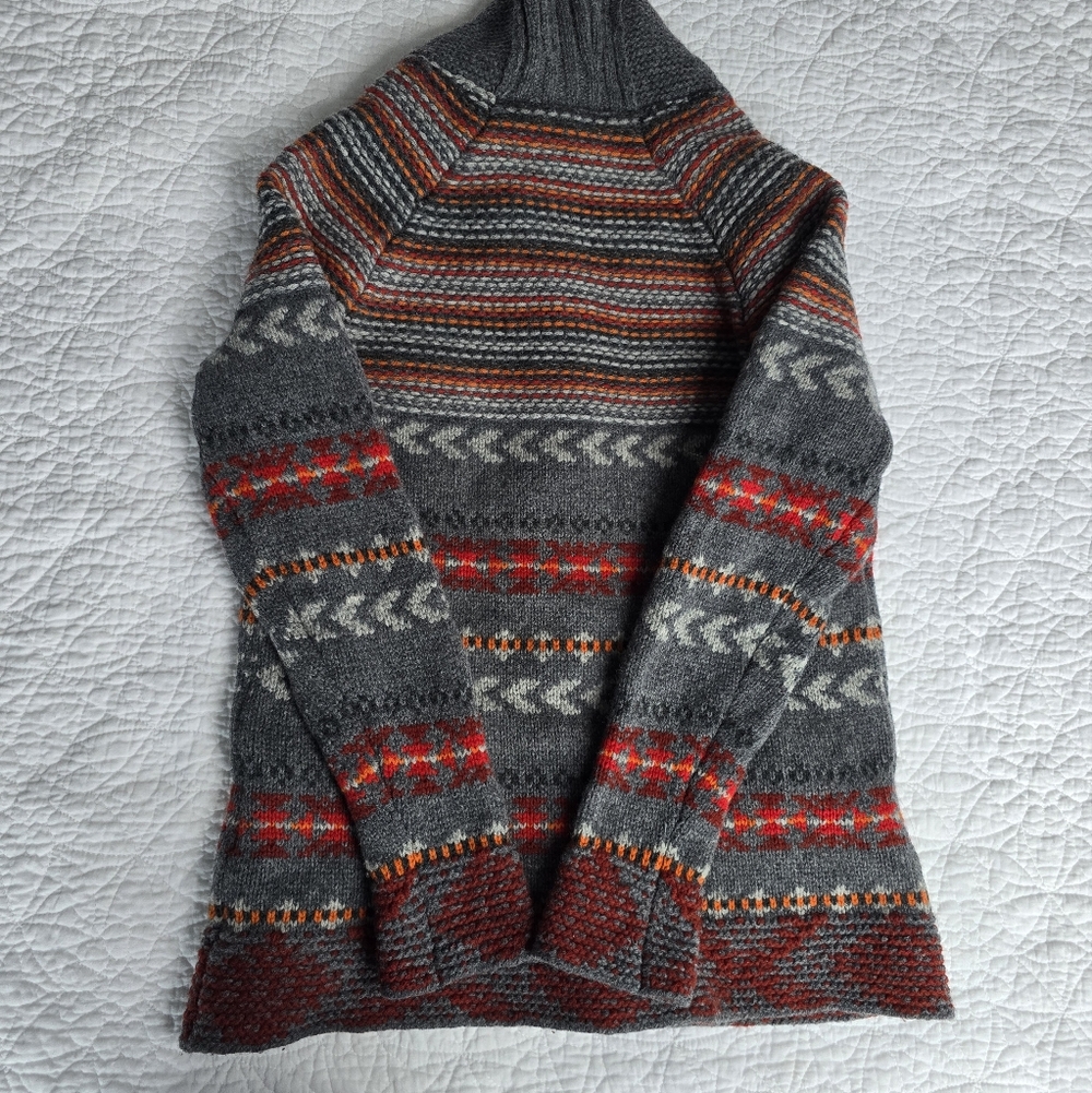 Woolrich Gray Shawl Collar Fair Isle Wool Cardigan with Red & Orange Accents - Picture 9 of 14